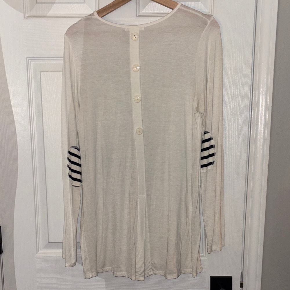 Cream Long Sleeve Shirt with Button-Down Back and Striped Elbow Patches- XL